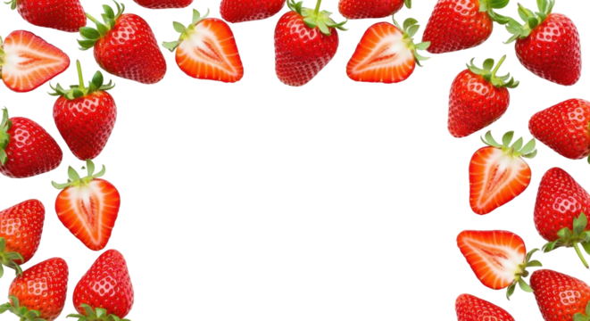 Ripe red strawberries, whole with green stems and cut with yellow seeds, arranged flat lay on transparent background with central copy space, bright studio light. Healthy food concept