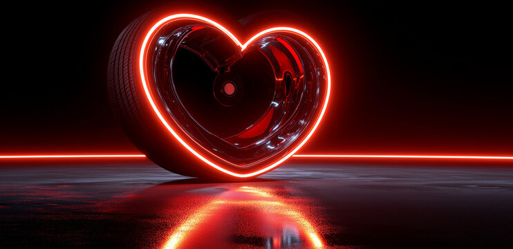 3d render of a heart made from car tires on a dark background with neon light, - Powered by Adobe