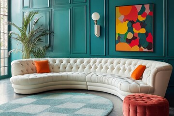 Chic white curved tufted sofa and pouf against teal classic wall panels with vibrant colorful art poster. Art deco style home interior design of modern living room. Created with, Generative AI