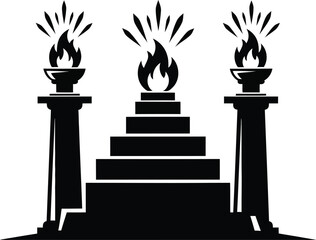 Illustration of a temple with steps and flames isolated on white background
