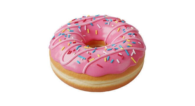 A delicious pink glazed donut adorned with vibrant rainbow sprinkles, perfect for a sweet treat or dessert. This sugary pastry is a classic snack.