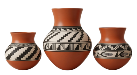 Three native american pottery vases with geometric designs