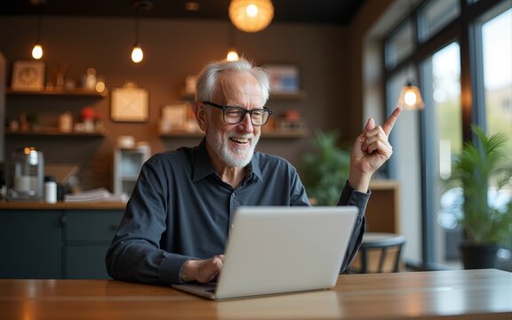 An old man is celebrating victory and looking at laptop in coffee shop. High quality