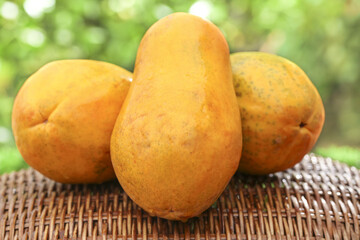 Fresh Hainan Papaya Fruits on Bamboo Mat with Green Natural Background