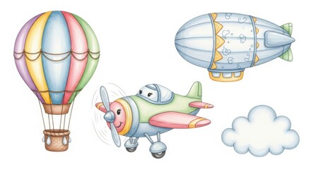 A whimsical illustration featuring a cheerful collection of colorful air vehicles