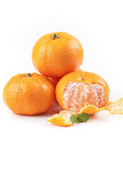 Fresh Sweet Small Guangxi Oranges with Peeled Segments and Mint Leaf on White Background