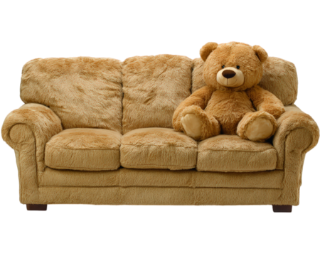 Plush teddy bear soft sofa cozy living room home decor comfortable seating modern interior cute toy relaxation inviting atmosphere warm color palette. plush teddy bear sits soft cozy sofa modern