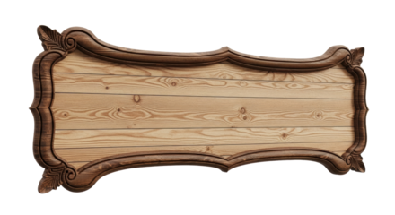 Rustic wooden sign with dark brown carved frame and light planks, natural grain, elegantly curved, isolated on transparent background with copy space, concept of clean rustic elegance