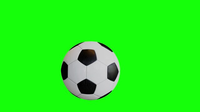 A soccer ball spinning and moving toward the screen, rotating on a green screen background. 3d animation.	
