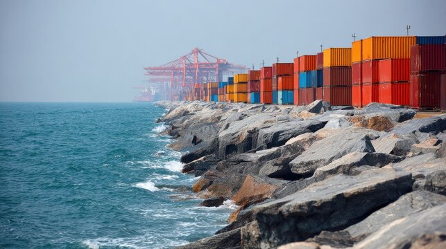 Stacked Shipping Containers on a Rocky Breakwater Near the Ocean - Powered by Adobe
