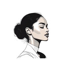 Stylish line drawing of a woman with a high bun, graceful neck posture, elegant side profile, serene expression, minimalist black lines on white background