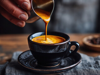 Fototapeta premium Rich coffee experience in different cultures is captured as espresso is poured into stylish black cup, showcasing art of brewing