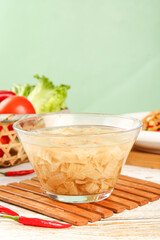 Dried Tofu Skin Strips in Oil Glass Bowl Asian Vegetarian Cooking Ingredients Soybean Products