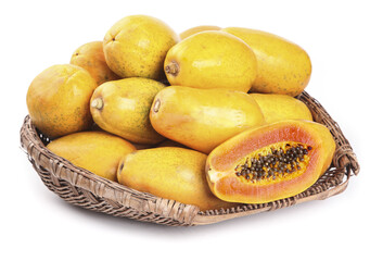 Fresh Red Papaya Fruits in Wicker Basket - Tropical Hainanese Variety with Seeds Visible