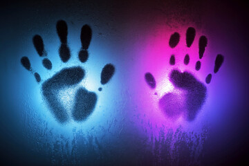 female hand prints on wet glass on a window in rain. Palm print on the fogged glass in the shower in bathroom. Color neon light