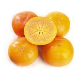 Fresh Ripe Persimmons Cut in Half on White Background - Detailed Fruit Photography