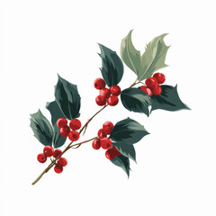 Obraz premium Festive Holly Sprig with Red Berries and Green Leaves - Watercolor Illustration