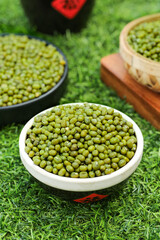 Fresh Organic Mung Beans in White Bowls on Green Grass - Healthy Legumes for Nutritious Gourmet Cooking