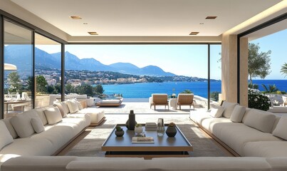 Obraz premium Luxury villa with terrace and floor to ceiling panoramic window with amazing sea view. Interior design of modern living room. Created with, Generative AI