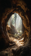 Obraz premium Hollow tree sunlight forest nature wood peaceful inside view wilderness