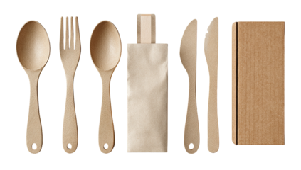 Eco-friendly wooden cutlery set in brown kraft paper packaging
