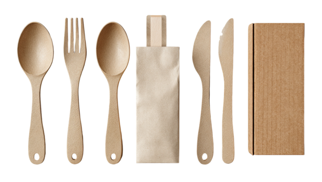 Eco-friendly wooden cutlery set in brown kraft paper packaging