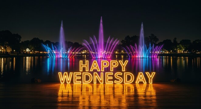 "Neon Happy Wednesday Sign with Water Fountain and Reflection"
