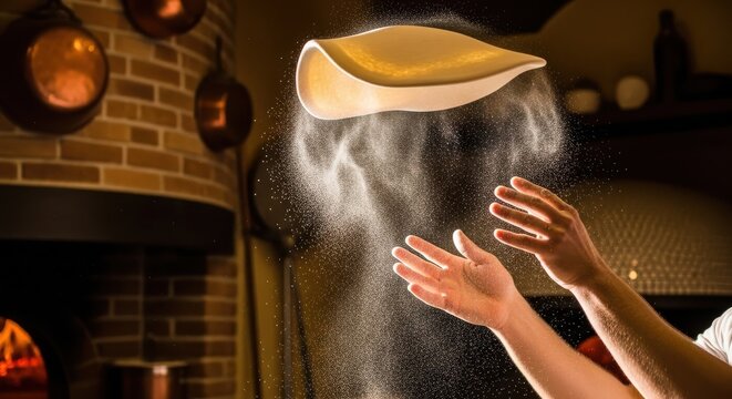 Pizza chef tossing dough with flour in traditional Italian pizzeria