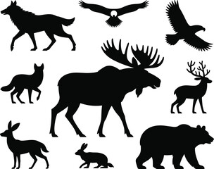 Silhouettes of wild forest animals including moose, bear, deer, wolf, eagle, rabbit, wildlife nature, wilderness creatures, outdoor wildlife, forest habitat, animals in nature
