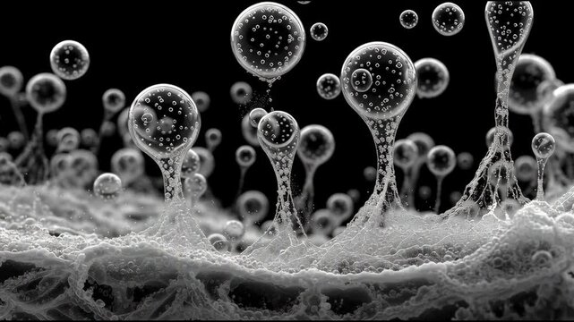 Close-up perspective on bubbles from dissolving nutrient particles in water experiment