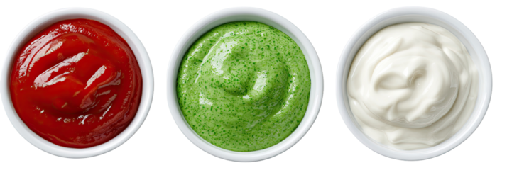 Three small white bowls filled with different sauces.  A red tomato-based sauce, a green herb sauce, and a white creamy sauce are presented in separate bowls.  