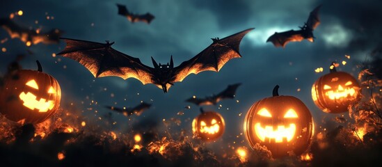 Spooky halloween night scene with flying bats and glowing jack o lanterns