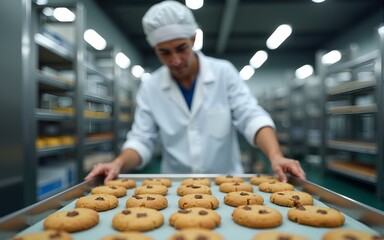 A food factory worker is collecting cookies of the tray in facility. High quality