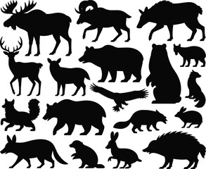 Silhouettes of wild forest animals, including moose, deer, bear, eagle, fox, rabbit, raccoon, and other wildlife in nature