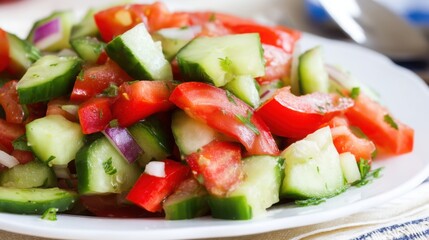 Fresh cucumber and tomato salad on a plate surrounded by vibrant vegetables for a healthy and colorful meal