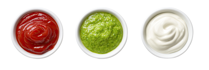 Three small white bowls holding different sauces