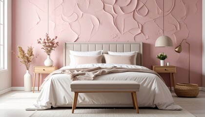 Serene bedroom interior design with a decorative wall and minimalist furniture