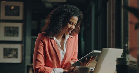 Happy, online reading and woman with tablet, research for article post and magazine website. Person, employee and journalist in workplace, tech and positive review with news report publication or app