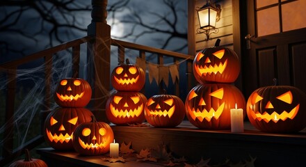 Spooky Halloween pumpkins glowing on a porch with a moonlit night background
