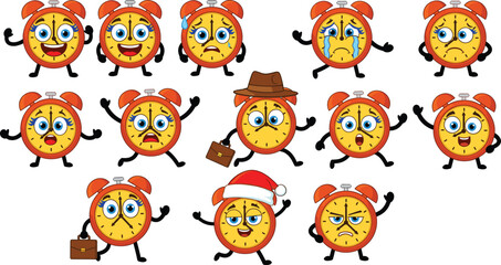Naklejka premium Cartoon alarm clock characters with expressive faces, accessories, and emotions for educational, themed, and playful time-related designs