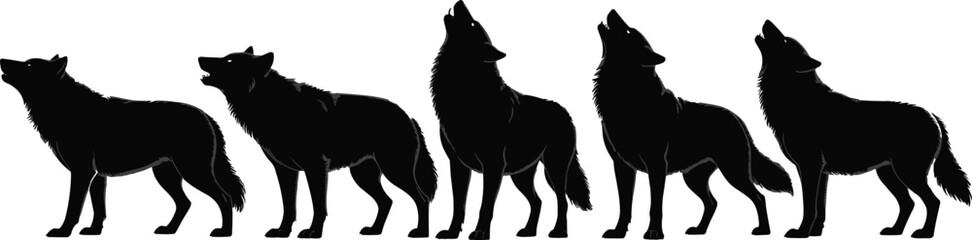 Silhouettes of wolves howling in different poses, wild nature, forest animals, wildlife, pack behavior, hunting instincts, nocturnal creatures, wilderness, strength, freedom, wild life
