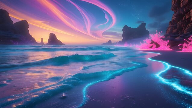 Vibrant neon aurora over a mystical ocean shoreline