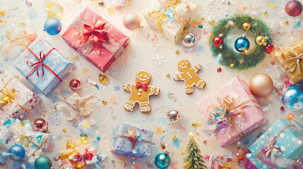 Festive Christmas gifts ornaments and gingerbread men on a confetti background