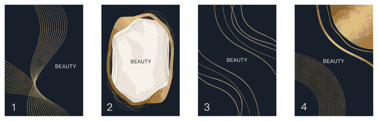Set of abstract beauty cards with gold accents and dark backgrounds—ideal for branding, luxury design, and modern graphic content.