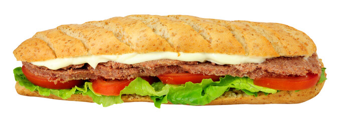 Corned beef and salad sandwich in a soft bread baguette isolated on a white background