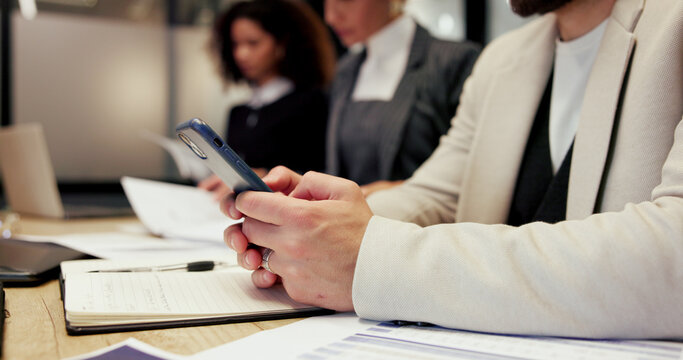 Hands, team or businessman with phone in seminar for online info, finance survey or workshop agenda. Financial panel, documents or people with mobile app in meeting for live poll feedback or platform - Powered by Adobe