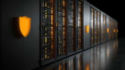 High-tech server room filled with numerous servers and a cybersecurity shield illustrating data protection concepts