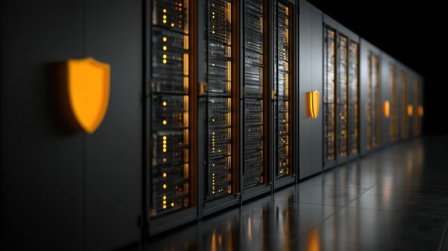 High-tech server room filled with numerous servers and a cybersecurity shield illustrating data protection concepts - Powered by Adobe