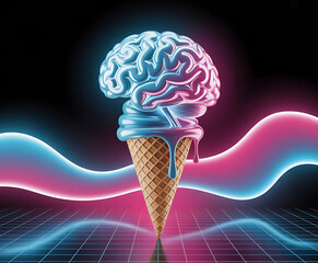 Glowing neon brain ice cream cone melting with abstract light waves and grid background