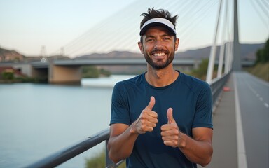 Portrait of smiling sportsman standing on a bridge during a break and giving thumbs up at the camera. High quality